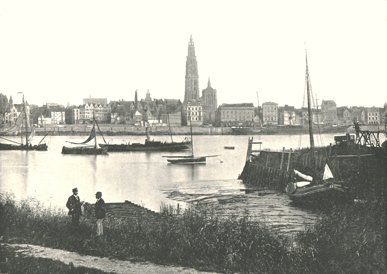 Kilátás a folyón át a katedrálisra, Antwerpen, Belgium, 1895. alkotó: Unbekannt