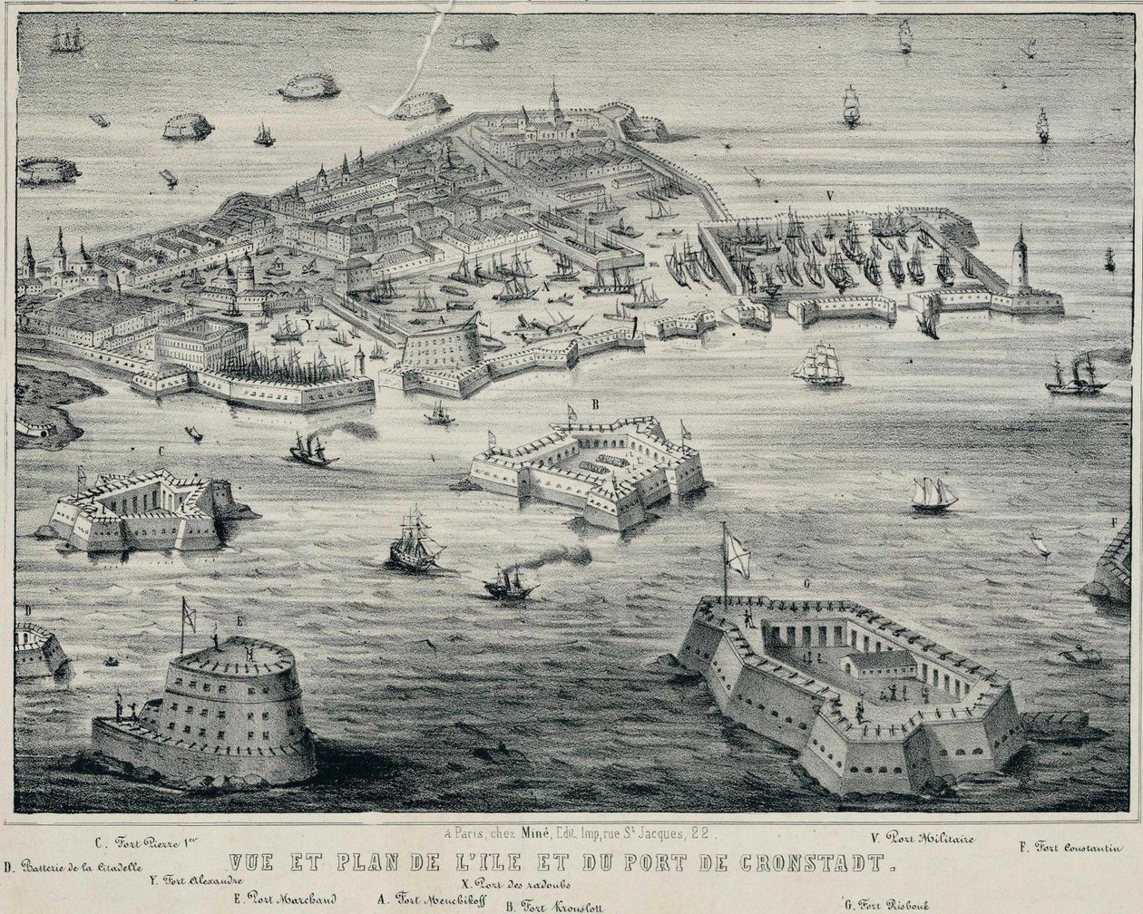 Kilátás és terv a szigetről és Kronstadt kikötőjéről, c. 1850 alkotó: Unbekannt