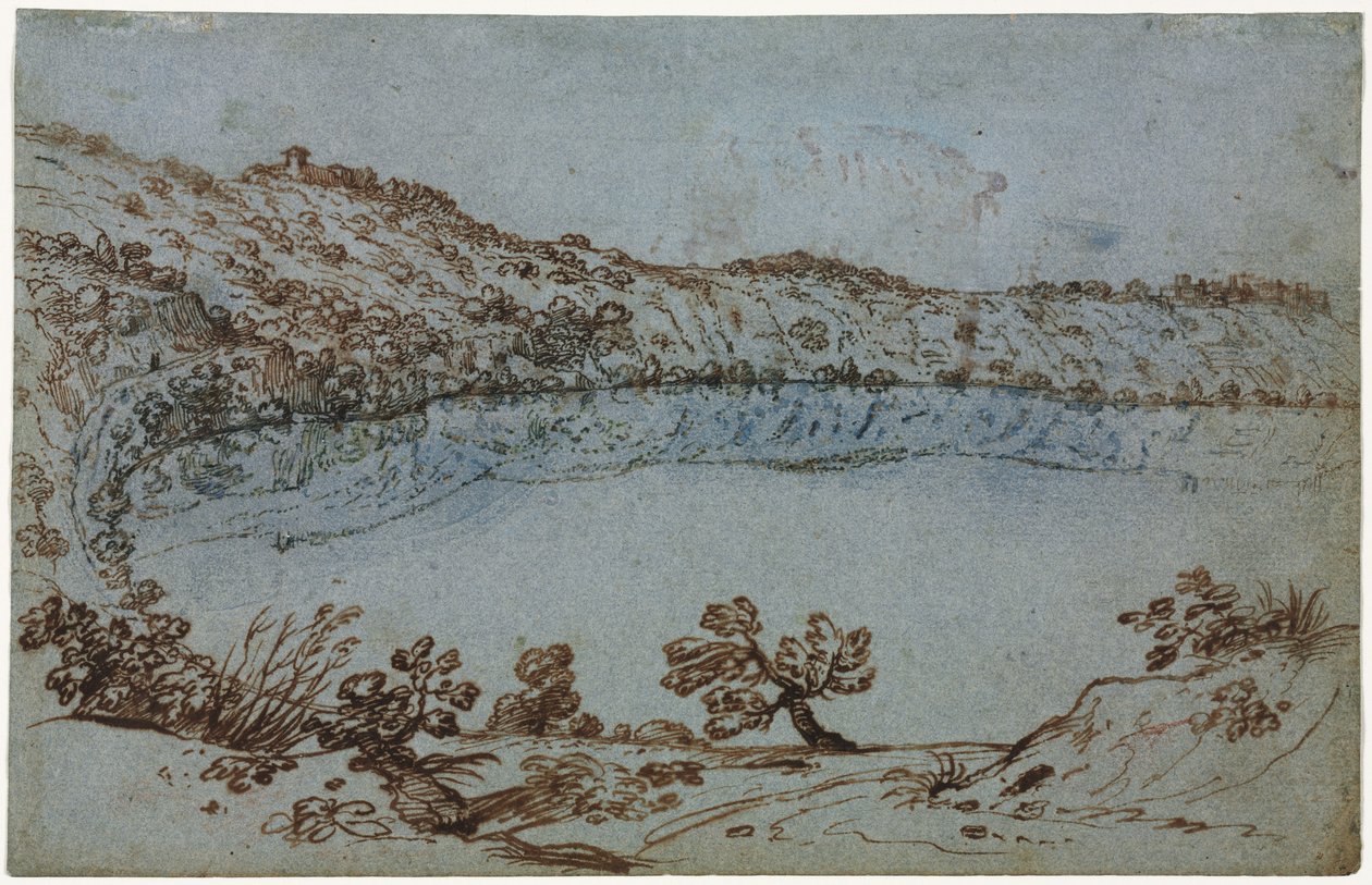 Kilátás a Nemi-tóra recto Római romok kis csoportja verso, c. 1650. alkotó: Unbekannt