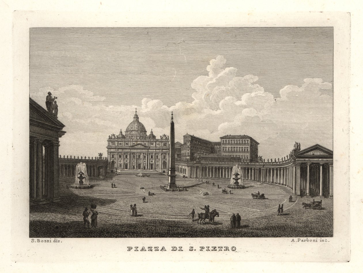Kilátás a Szent Péter térre, a Piazza di S. Pietro-ra, a Szent Péter-bazilikával és az ókori egyiptomi obeliszkkel alkotó: Unbekannt