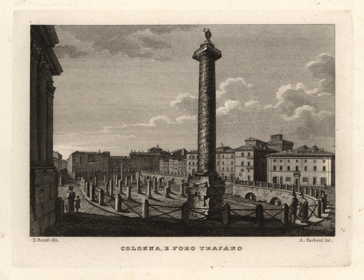 Kilátás a Traianus-oszlopra és a Traianus-fórumra, a Colonna e Foro Trajano-ra alkotó: Unbekannt