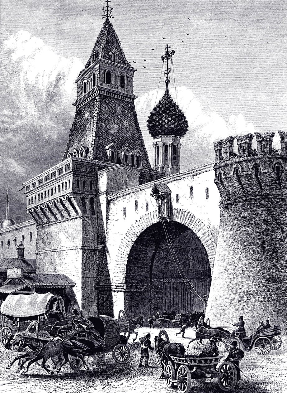 Kilátás a Nikolszkaja-toronyra és a fegyverraktárra Moszkvában, 1860 körül alkotó: Unbekannt