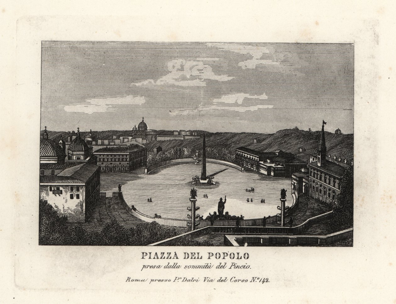 Kilátás a Piazza del Popolo térre, a Place du Peuple-re, II. Ramszesz egyiptomi obeliszkjével Heliopolisból, a római Pincian-hegy csúcsáról alkotó: Unbekannt