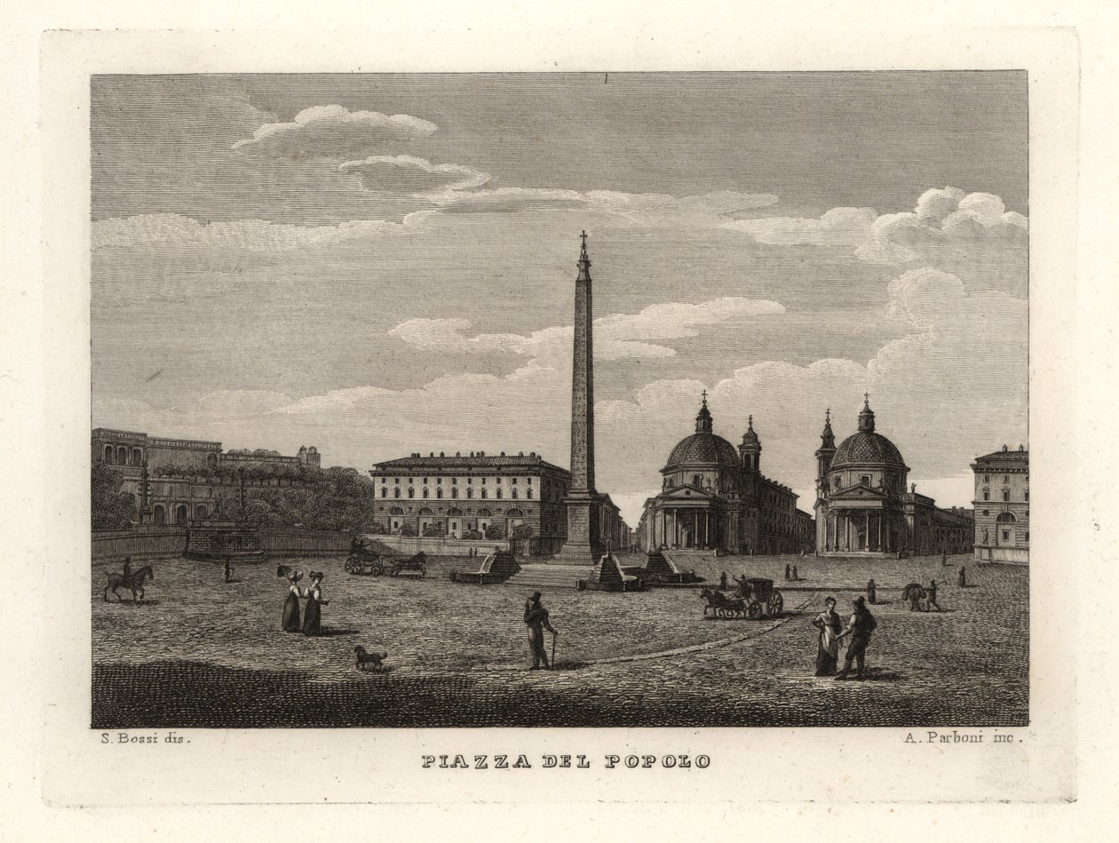 Kilátás a Piazza del Popolo-ra, Róma, ősi obeliszk az egyiptomi Heliopolisból alkotó: Unbekannt