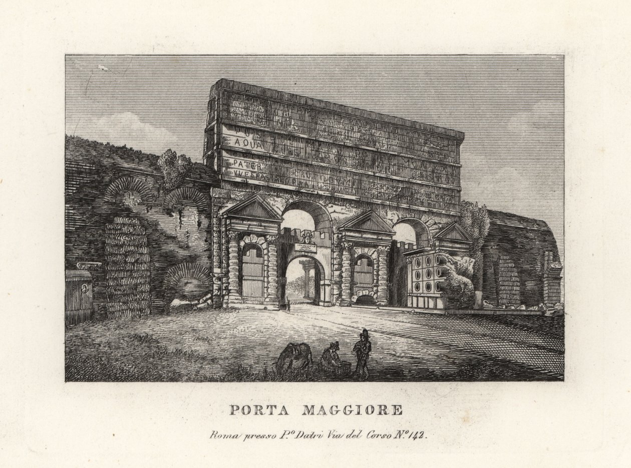 Kilátás a Porta Maggiore kapura vízvezetékekkel, Larger Gate vagy Porta Prenestina, az Aurelianus-falban, Róma alkotó: Unbekannt