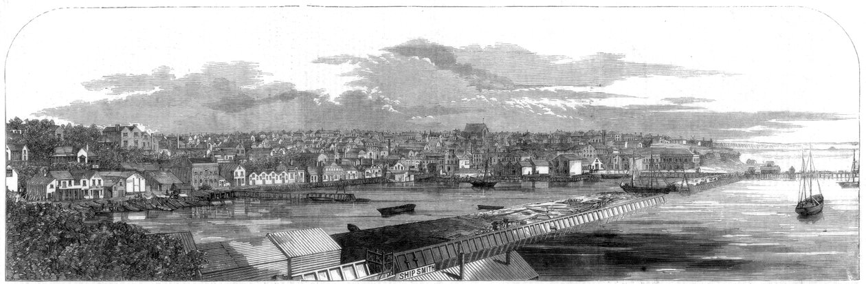 Kilátás Auckland városára, Új-Zélandra, az új kereskedelmi rakparttal, 1860 alkotó: Unbekannt