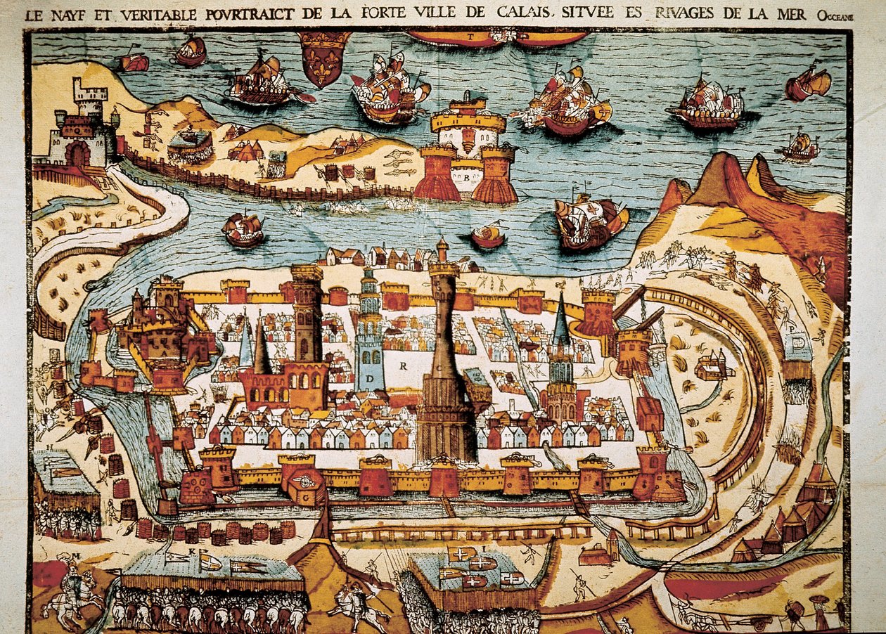 Kilátás Calais városára 1538-ban. Xilográfia. alkotó: Unbekannt