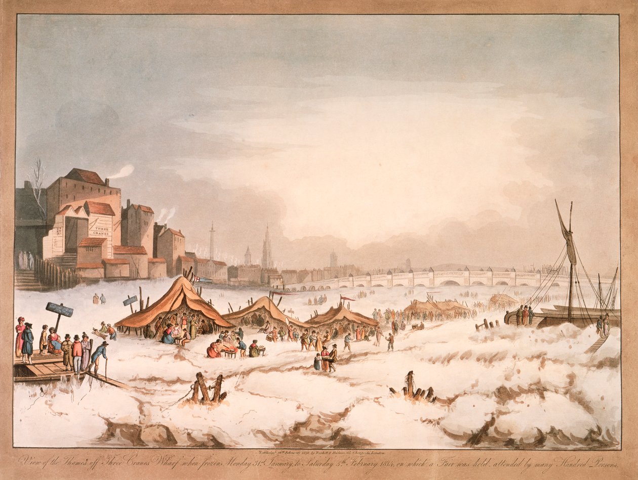 Kilátás a befagyott Temze folyóra a Three Cranes Wharf mellett, London, 1814 alkotó: Unbekannt