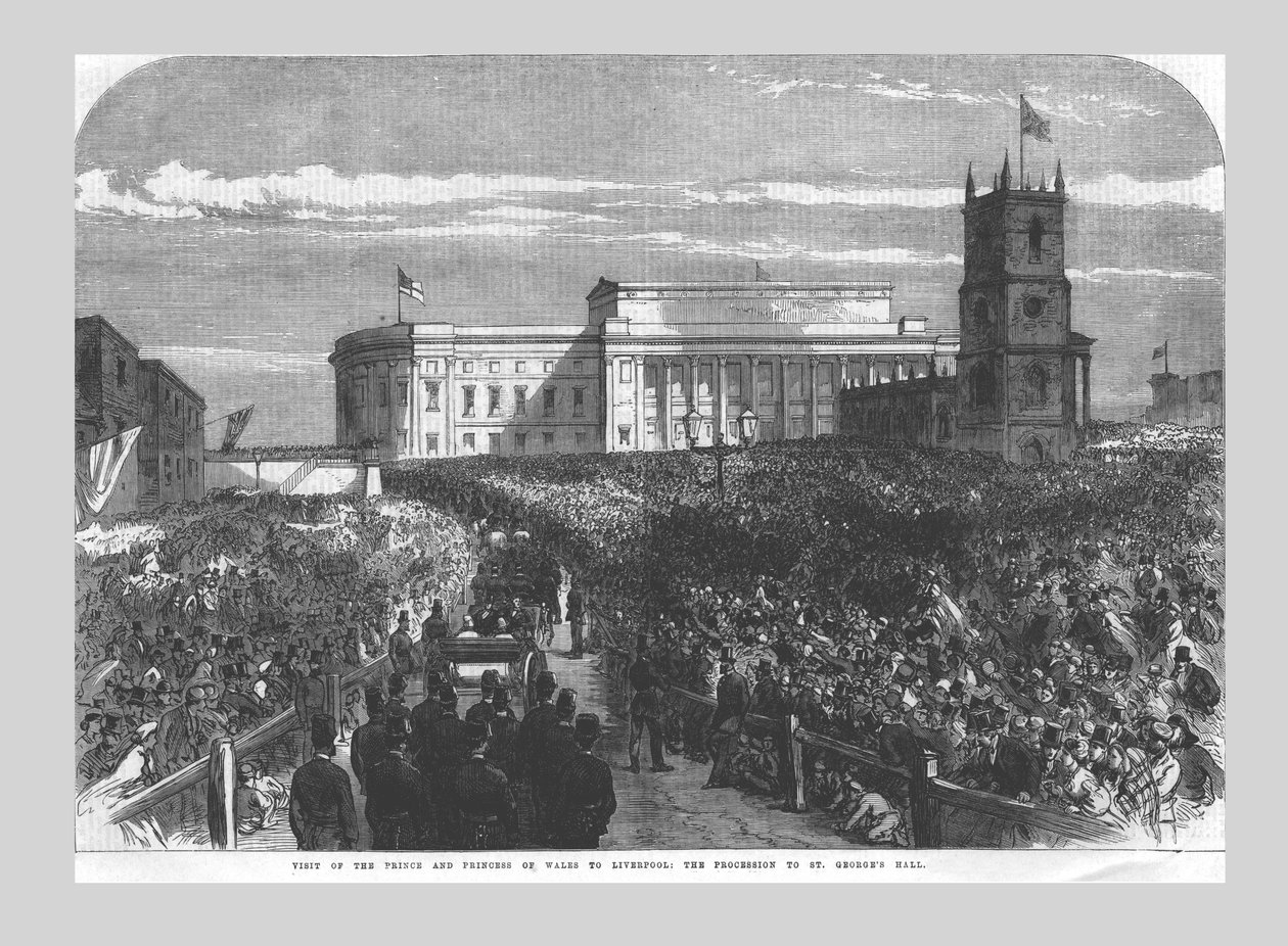 A walesi herceg és hercegnő látogatása Liverpoolban. A körmenet a St. Georges Hallba, 1865 alkotó: Unbekannt