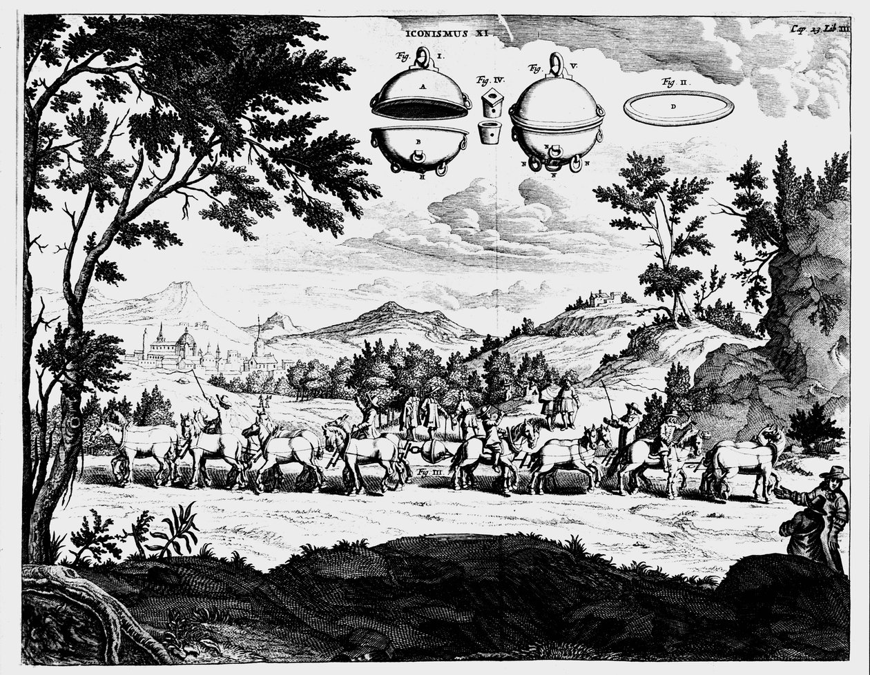 Von Guerickes bemutatója a légnyomás erejéről, 1672 alkotó: Unbekannt