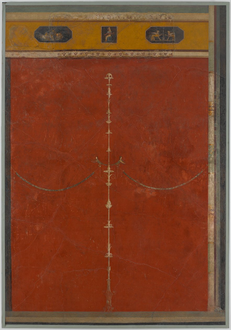 Falfestmény vörös alapon: kandeláber frízzel, a császári villából..., Kr. e. 1. század. alkotó: Unbekannt