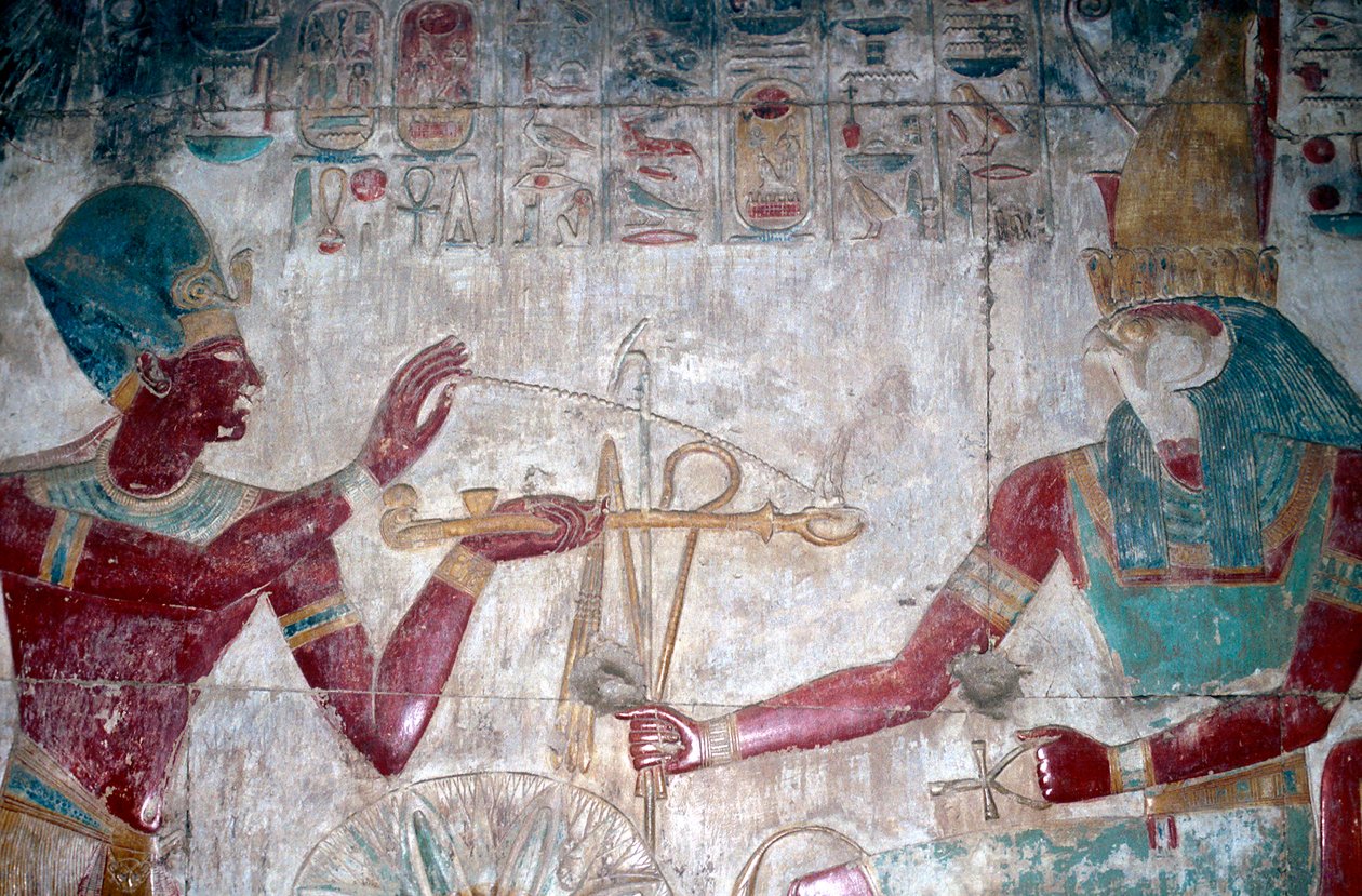 Tapétarészlet I. Sethosról Hórusz előtt, I. Sethos temploma, Abydos, Egyiptom, Kr.e. 1280 alkotó: Unbekannt