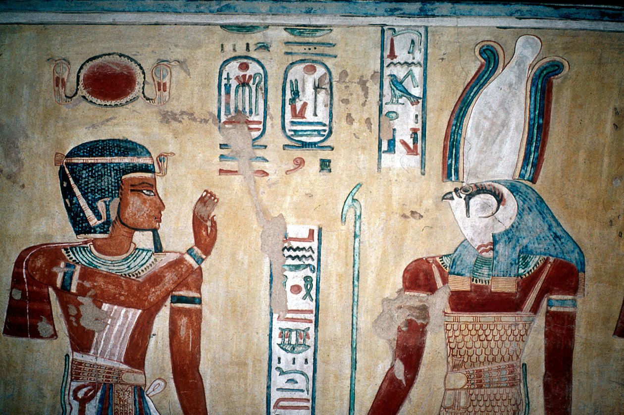 Ramszesz III. falfestménye Hórusz előtt, a Királynők Völgye, Luxor, Egyiptom, Kr.e. 12. század alkotó: Unbekannt
