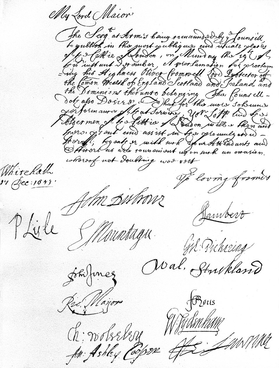 Az Államtanács parancsa a londoni főpolgármesterhez, amely azt kívánja, hogy ő és az Aldermen vegyen részt Oliver Cromwellnek az Anglia, Skócia, Írország és a Dominions lord protektorává nyilvánításán december 19-én. alkotó: Unbekannt