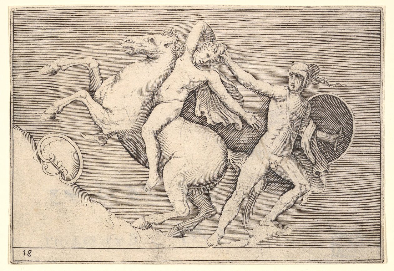 A Warrior Pulling a Rider from His Horse, az Ex Antiquis Camorum et Ge... kiadványból kb. 1599-1622. alkotó: Unbekannt