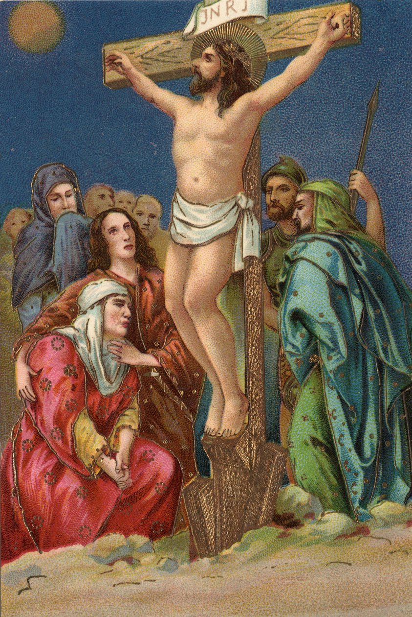 Keresztút - via crucis - Keresztút: keresztre feszítés, tizenkettedik állomás, Jézus meghal a kereszten Kromolitográfia Magángyűjtemény alkotó: Unbekannt