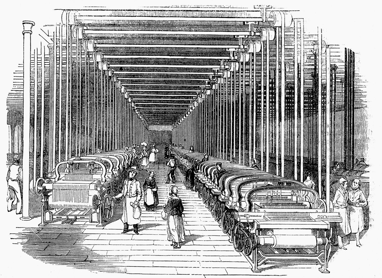 Szövőkamra hevederrel és tengelyekkel hajtott szövőszékekkel, c1840 alkotó: Unbekannt