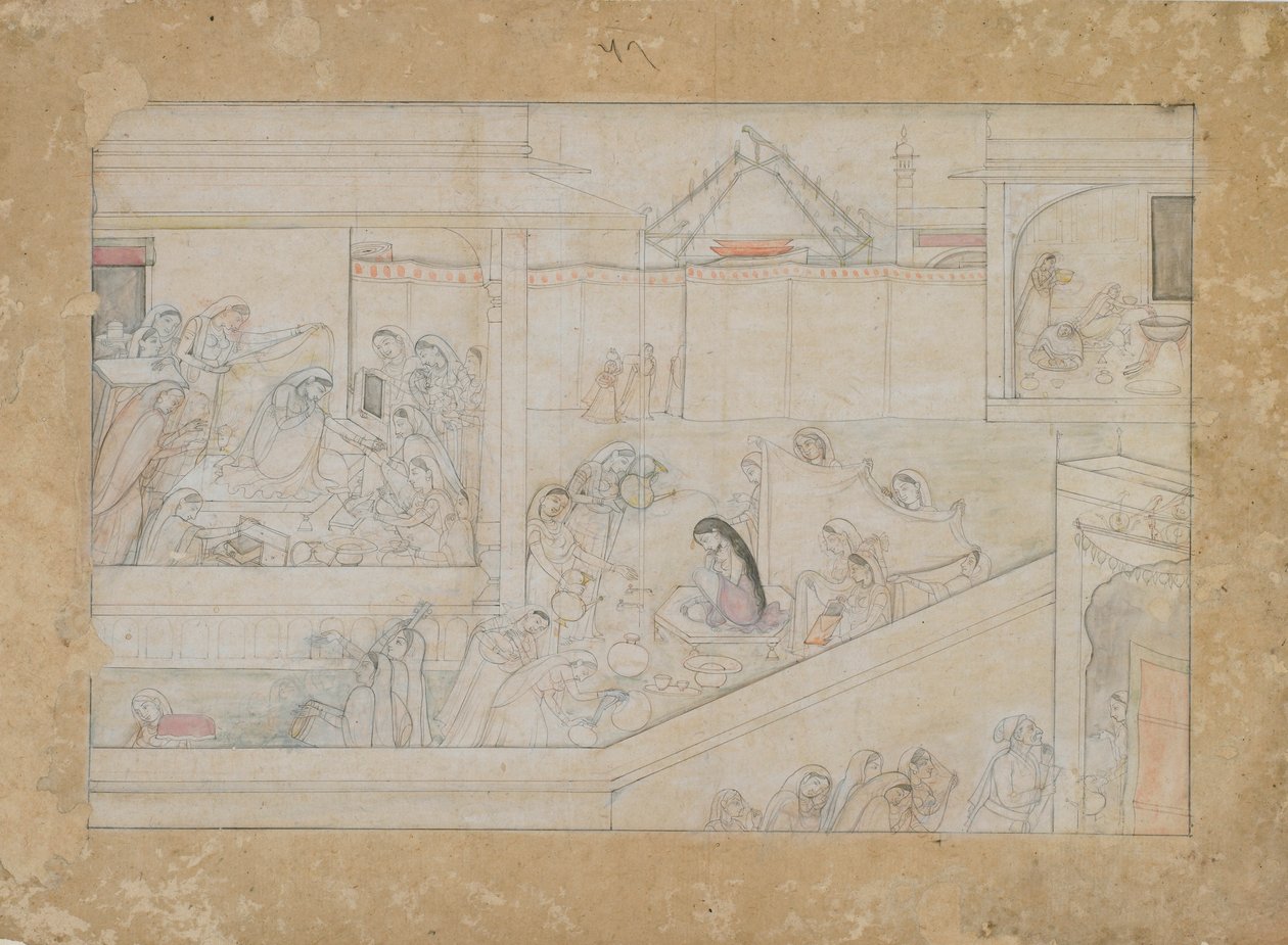 Esküvői előkészületek: fólió egy Nala-Damayanti sorozatból, 1775-1800. alkotó: Unbekannt