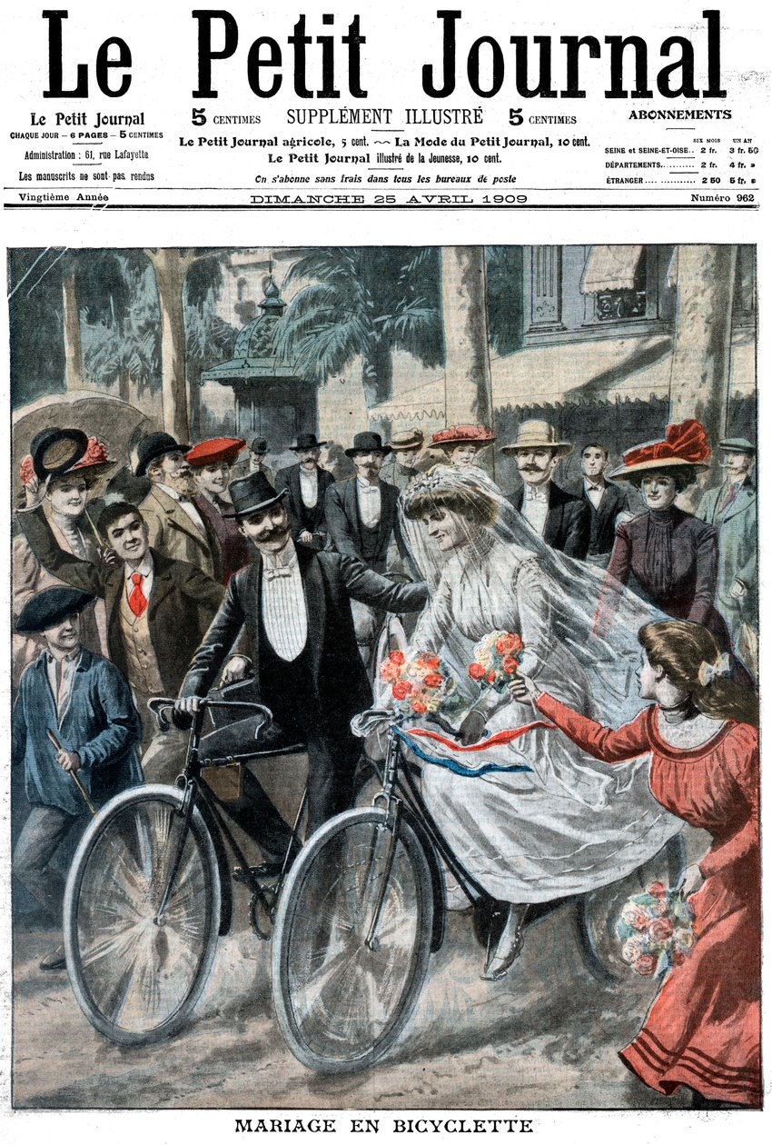 Esküvő kerékpáron a menyasszony és a vőlegény vezetésével, Nizza, Franciaország, 1909 alkotó: Unbekannt