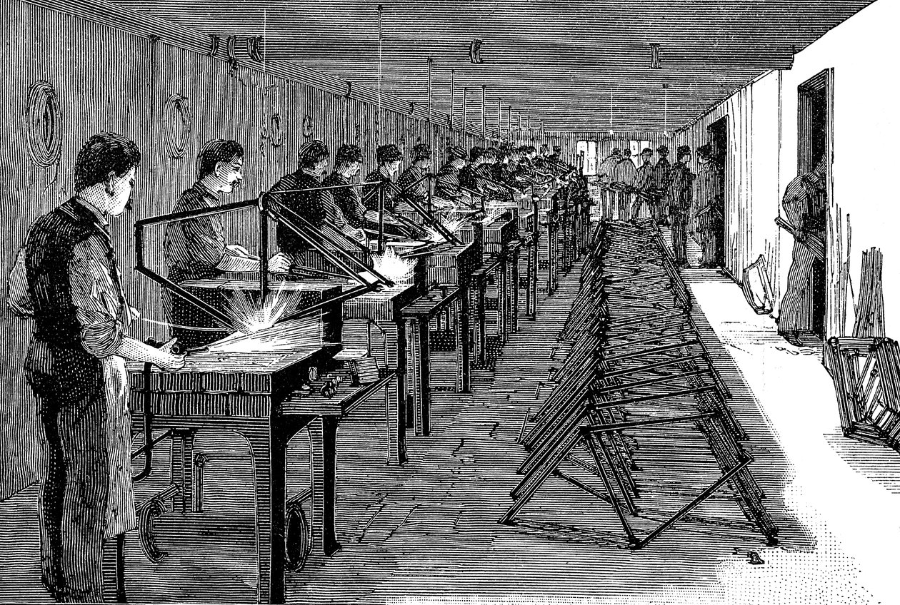 Kerékpárvázak hegesztése egy amerikai gyárban, 1900 alkotó: Unbekannt