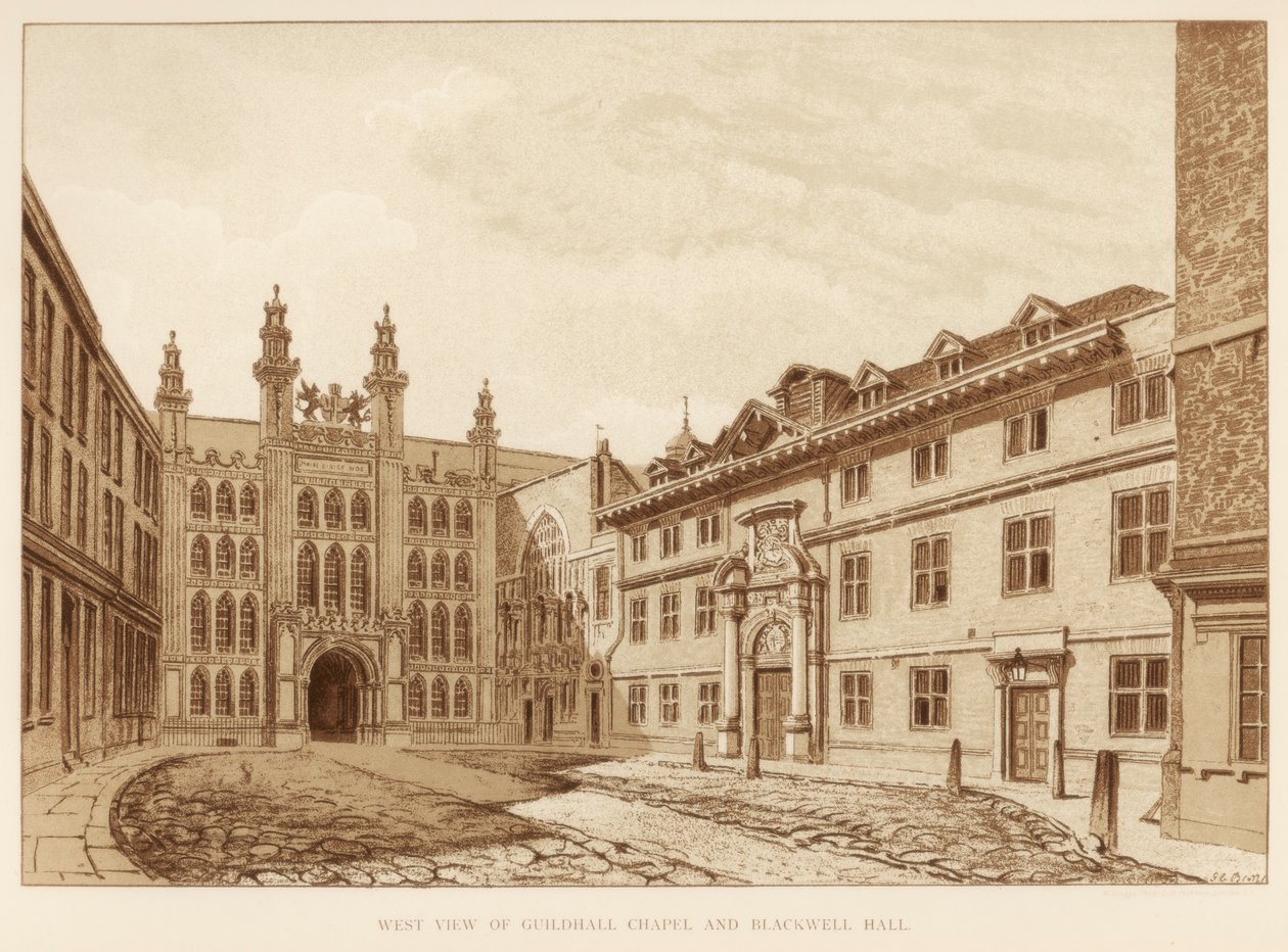 Nyugati nézet a Guildhall kápolnáról és a Blackwell Hallról, London City, 1886 alkotó: Unbekannt