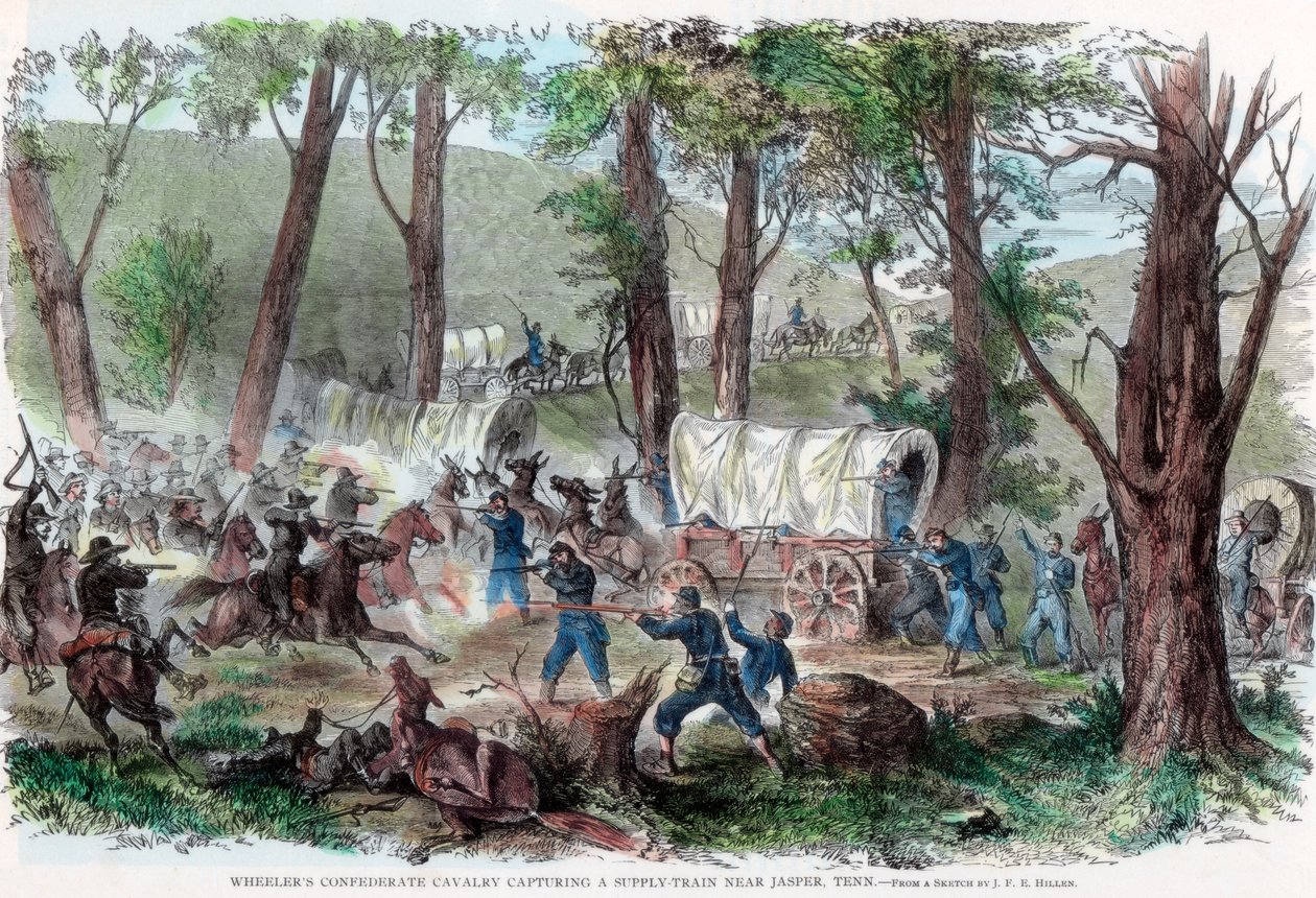 A Wheelers konföderációs lovassága elfoglal egy utánpótlásvonatot Jasper (Tennessee állam) közelében, c1863 alkotó: Unbekannt
