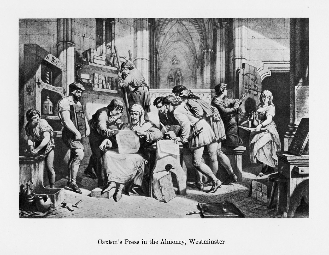 William Caxtons nyomda az Almonryben, Westminster, 15. század, 19. század alkotó: Unbekannt