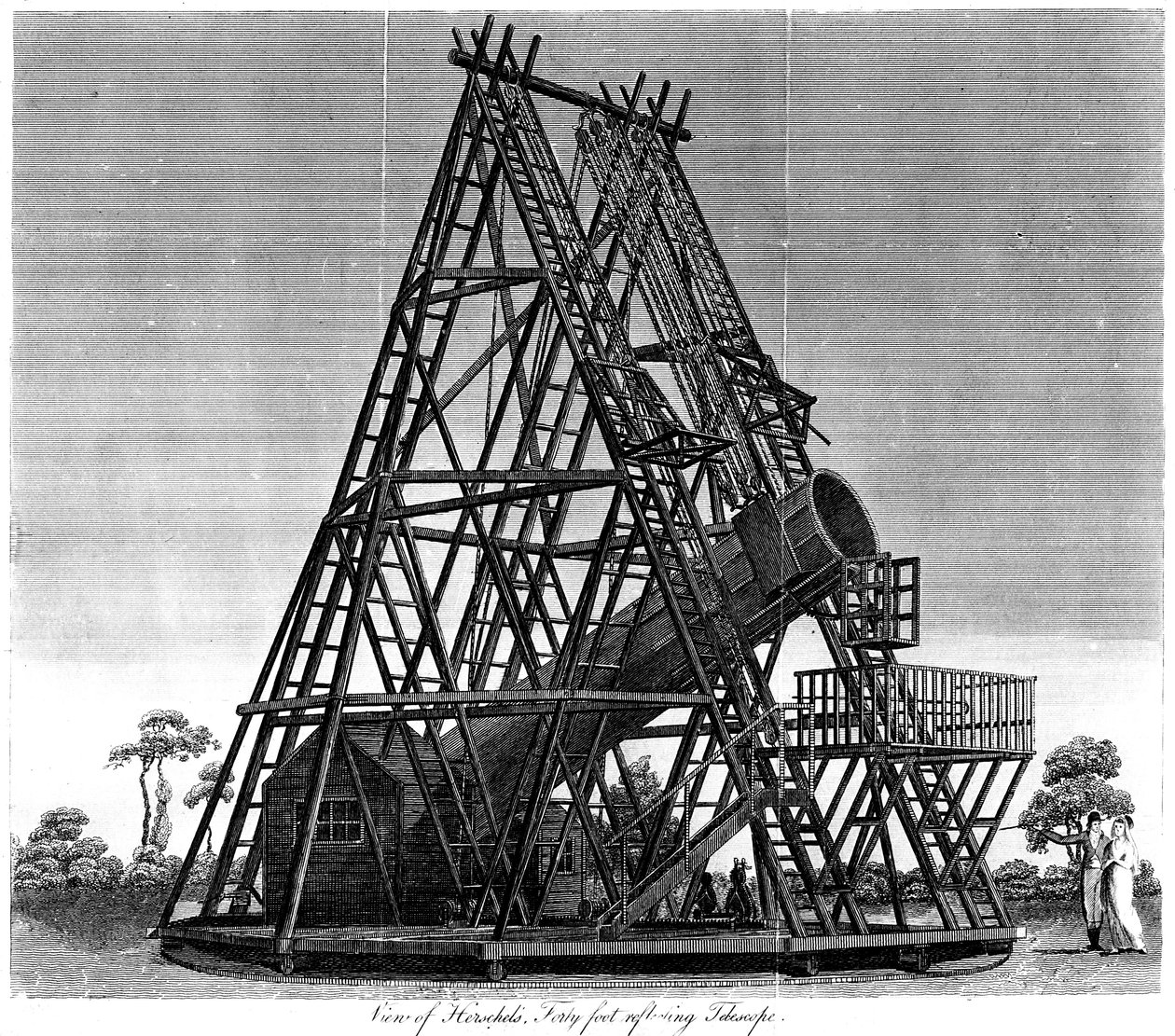 William Herschels fényvisszaverő távcső 40 láb gyújtótávolsággal, Slough, Anglia, 1809 alkotó: Unbekannt