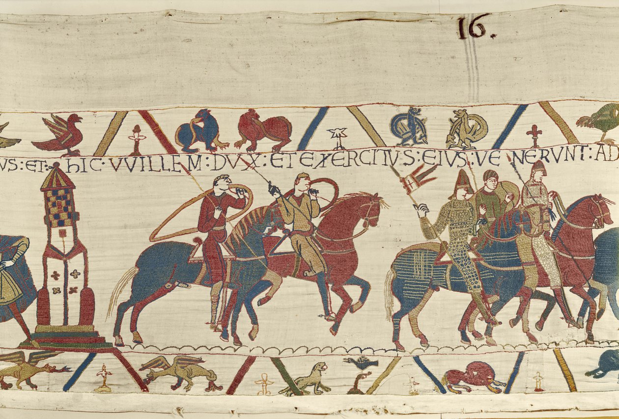 Vilmos a Bretagne-i Conan herceg ellen vezeti seregét, Bayeux Tapestry (gyapjú hímzés vászonra) alkotó: Unbekannt