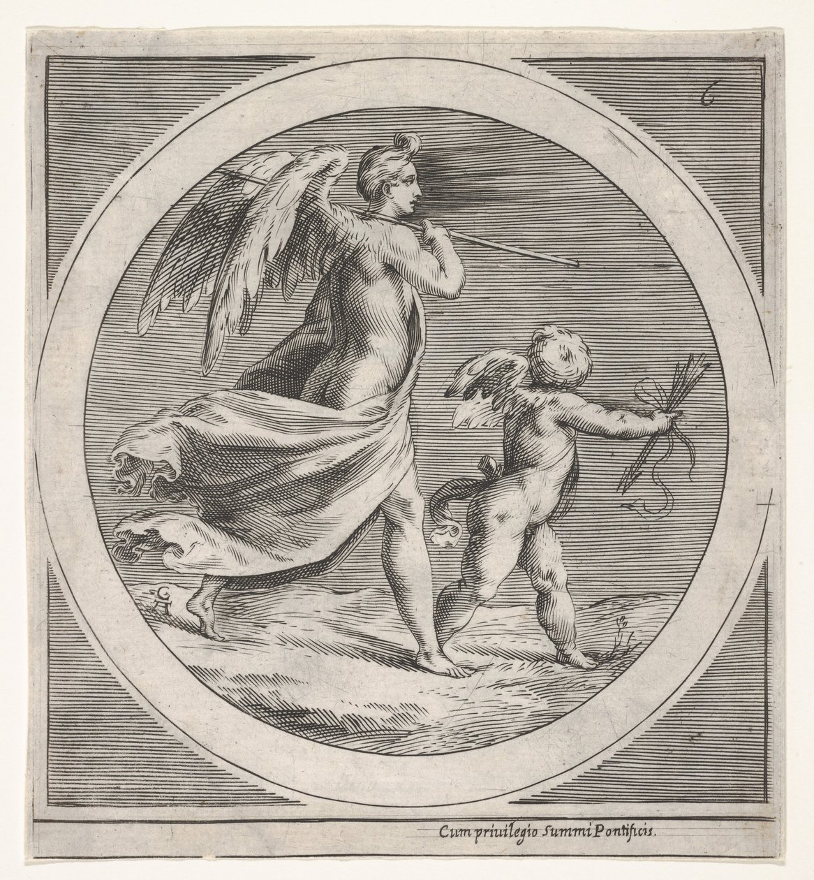 Szárnyas női alak, leterítve és bottal, szárnyas puttó mögött lépdelve..., kb. 1550-1600. alkotó: Unbekannt