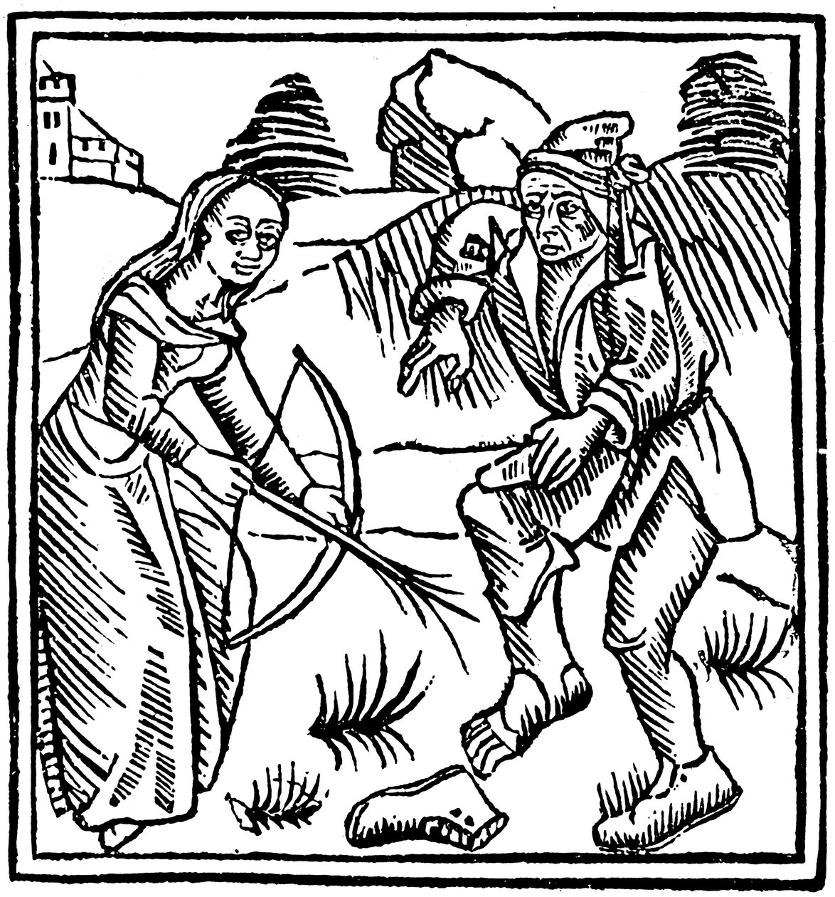 Boszorkány, aki lábon lő egy embert egy varázslatos nyílvesszővel, mogyoróbarna pálcából, 1489 alkotó: Unbekannt