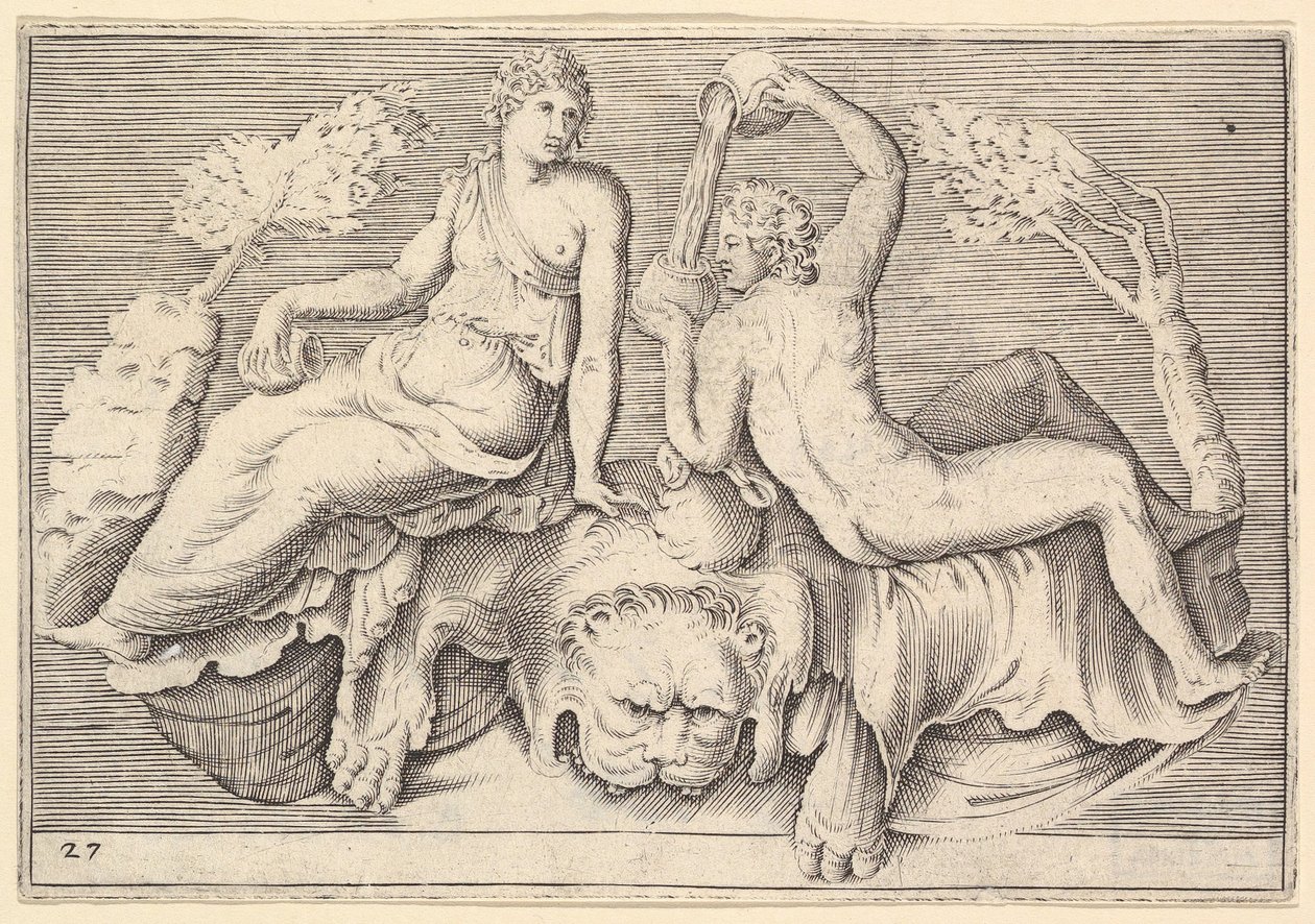 Woman and Man Seated on Lionskin, Man Pouring Wine, megjelent kb. 1599-1622. alkotó: Unbekannt