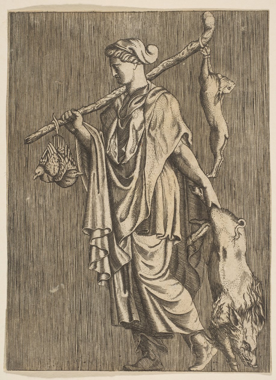 Vadászatról hazatérő nő, bal kezében vaddisznóval, bottal a kezén..., kb. 1515-1600. alkotó: Unbekannt