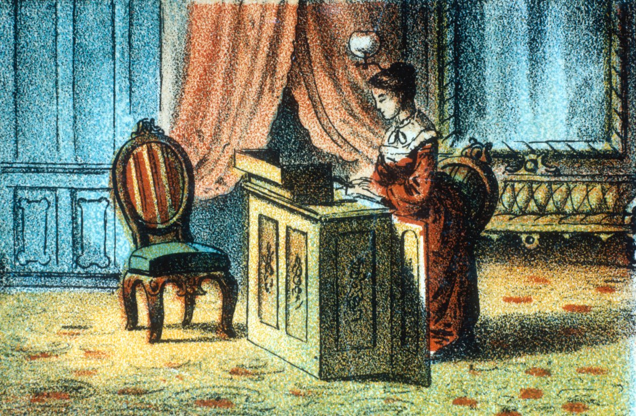 Elias Howe szabadalmaztatott varrógépet használó nő [c1878] alkotó: Unbekannt