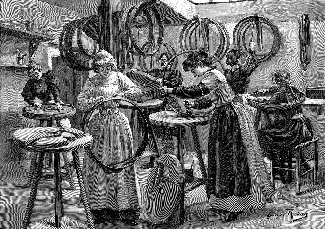 Nők, akik pneumatikus gumiabroncsokat készítenek kerékpárokhoz, Franciaország, 1896 alkotó: Unbekannt