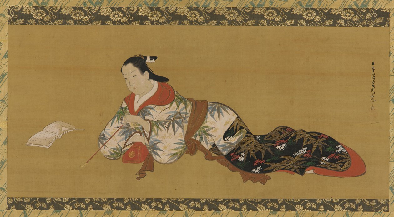 Yujo fekve és kottát olvas, Edo-korszak, 1615-1868. alkotó: Unbekannt