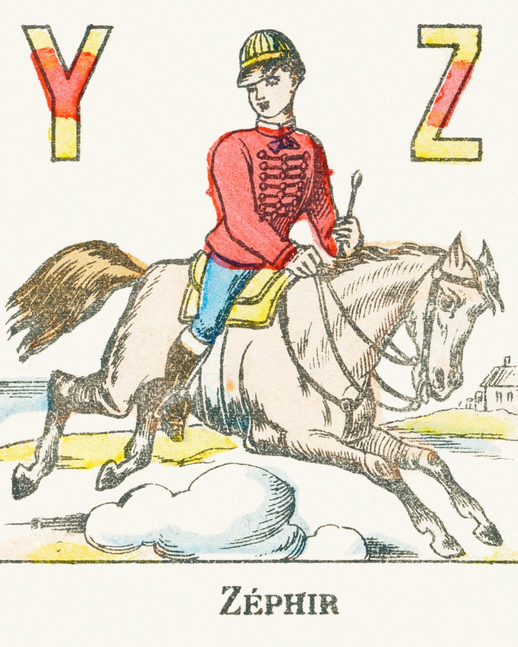 Z : Zephir, egy lovas, aki a Zephyr nevű lován vágtat – Játékok ábécéje, 1890 körül (metszet) alkotó: Unbekannt