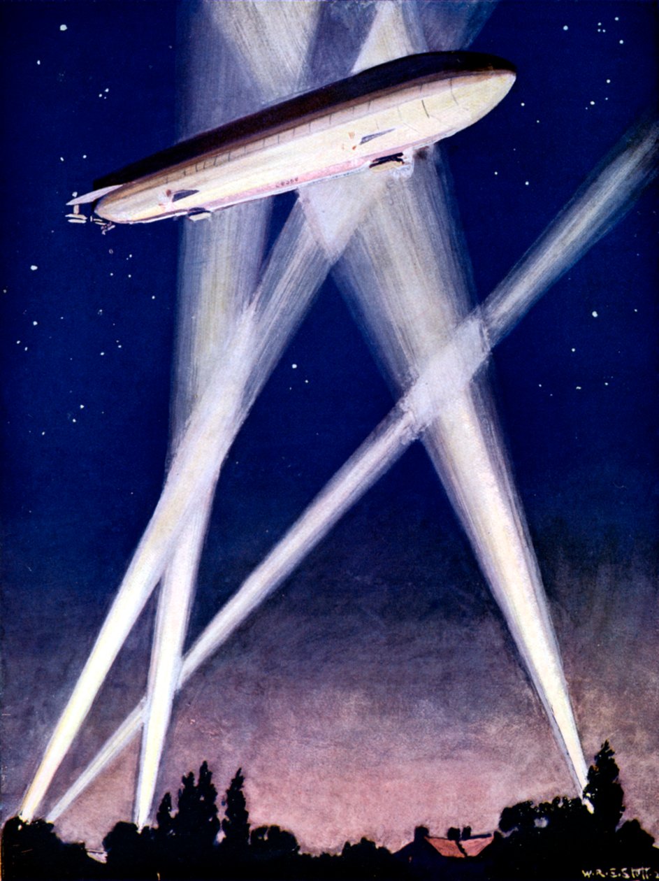 A Zeppelin léghajó reflektorokba került egy Anglia feletti bombatámadás során, 1916-ban alkotó: Unbekannt