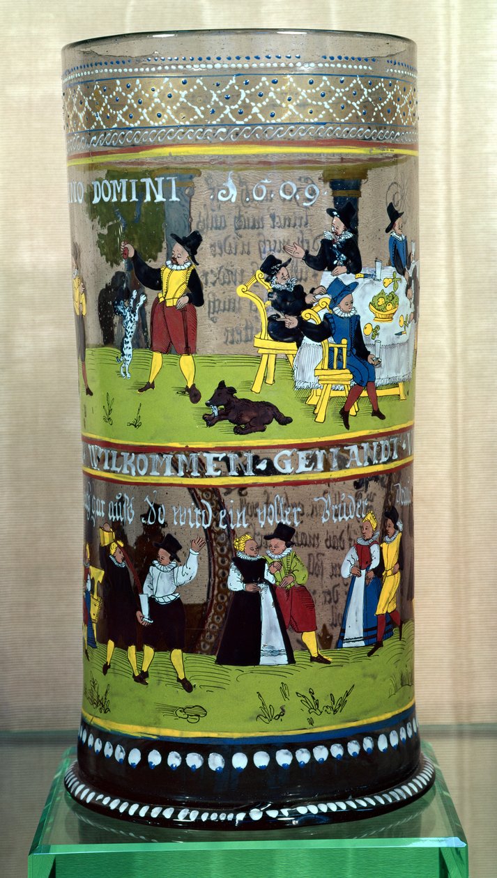 Egy német zománcozott Humpen, 1609-ben, ünnepi jelenetekkel díszítve alkotó: Unbekannt Unbekannt