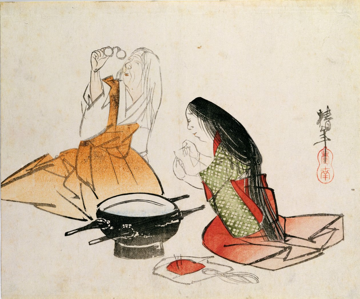 Fiatal nő, aki befűzi a tűt, Chinnen (1792-1851), kocsma. 1830 körül, (chuban méret, színes fatömb nyomat) alkotó: Unbekannt Unbekannt