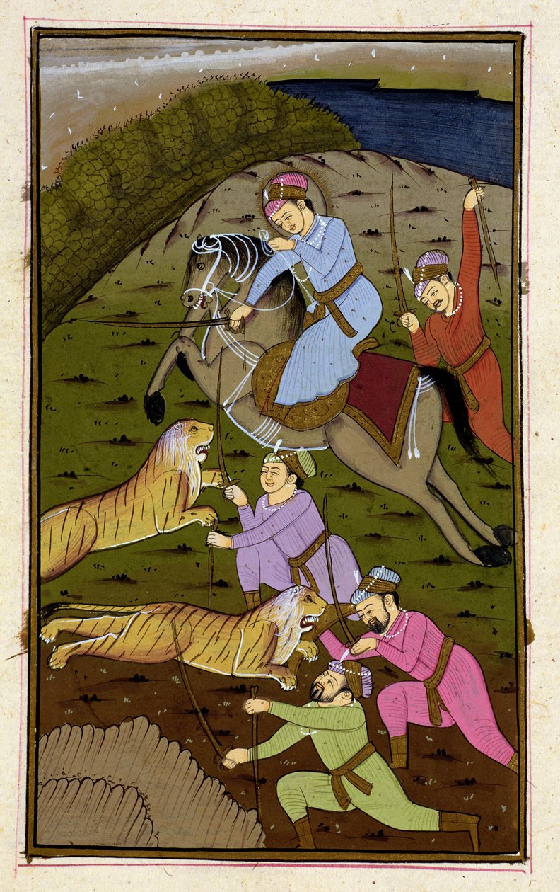 Akbar tigrisvadászaton az Akbarnamából, Mogul, 1590 körül (illusztrált szöveg) alkotó: Unbekannt Unbekannt