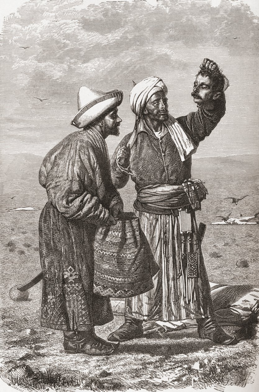Egy afgán katona, kezében ellensége levágott fejével, illusztráció a "The World in the Hands" című, Gauchard és Charles Barbant (1922) által metszett, 1878-ban kiadott műből. alkotó: Unbekannt Unbekannt