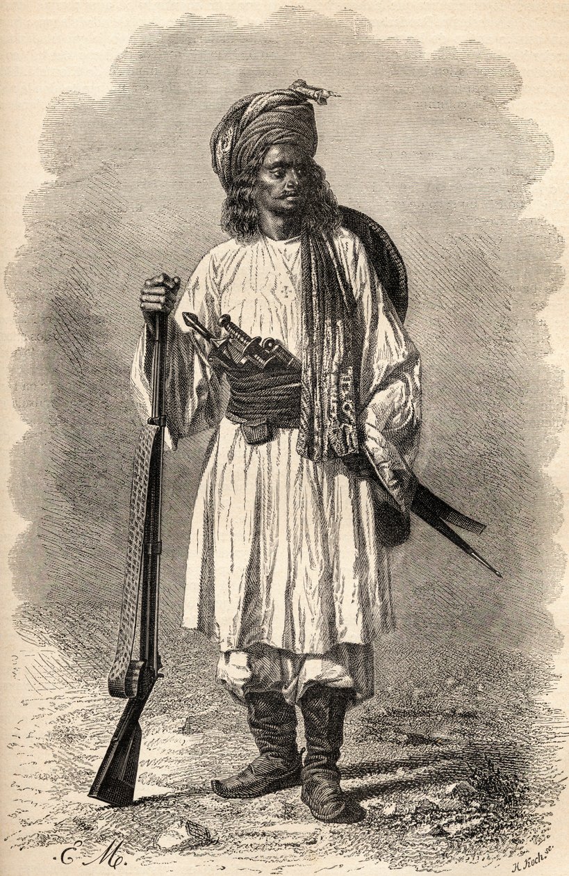 Egy afgán katona, illusztráció a „The World in the Hands” című könyvből, H. Koch metszete, 1878-ban megjelent alkotó: Unbekannt Unbekannt