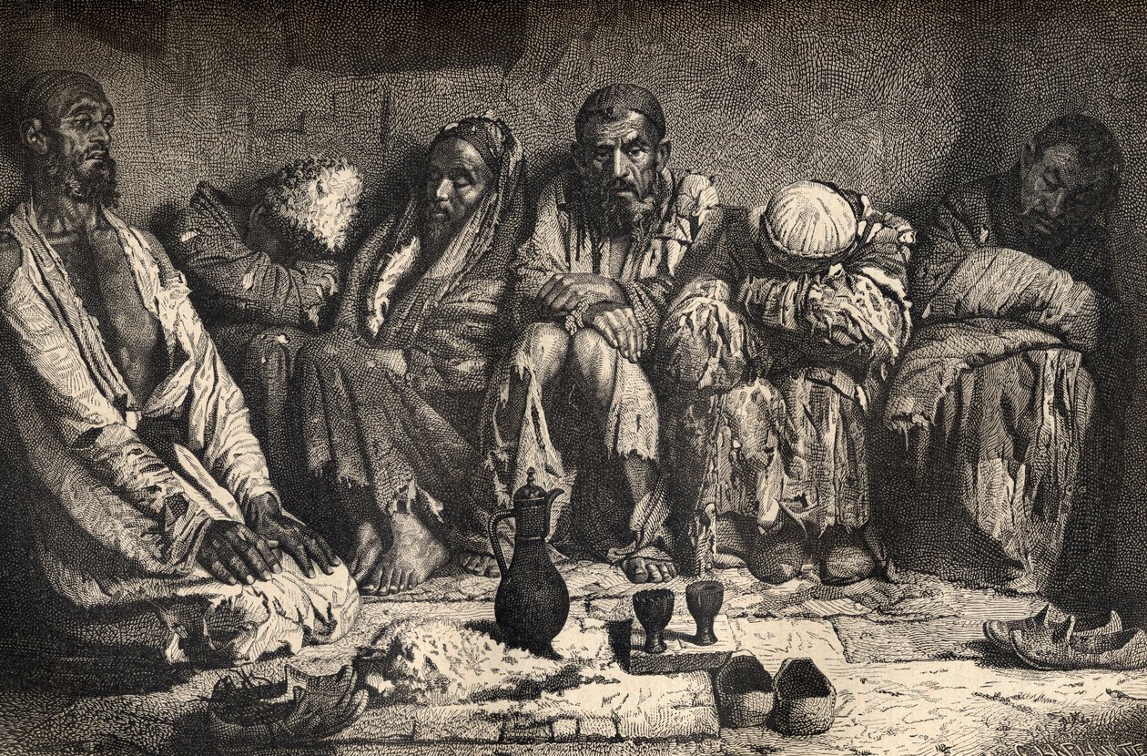 Egy ópiumbarlang Közép-Ázsiában, illusztráció a „The World in the Hands” című művéből, Charles Laplante (megh. 1903) metszete, 1878-ban megjelent alkotó: Unbekannt Unbekannt