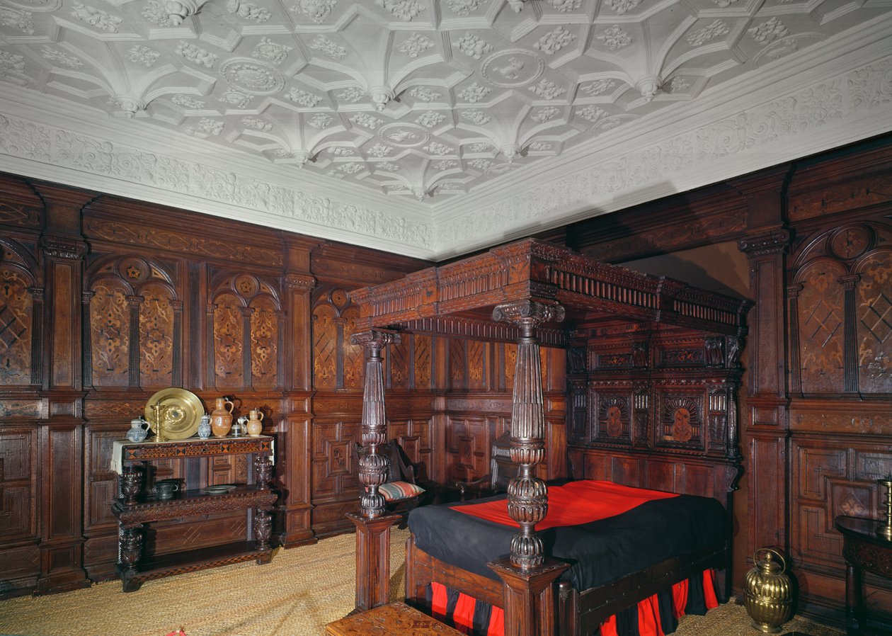 Ágy intarziás díszítéssel, 1593, a Corbet kastélyból, Shrewsbury, lambéria a Sizergh kastélyból, Cumbria alkotó: Unbekannt Unbekannt