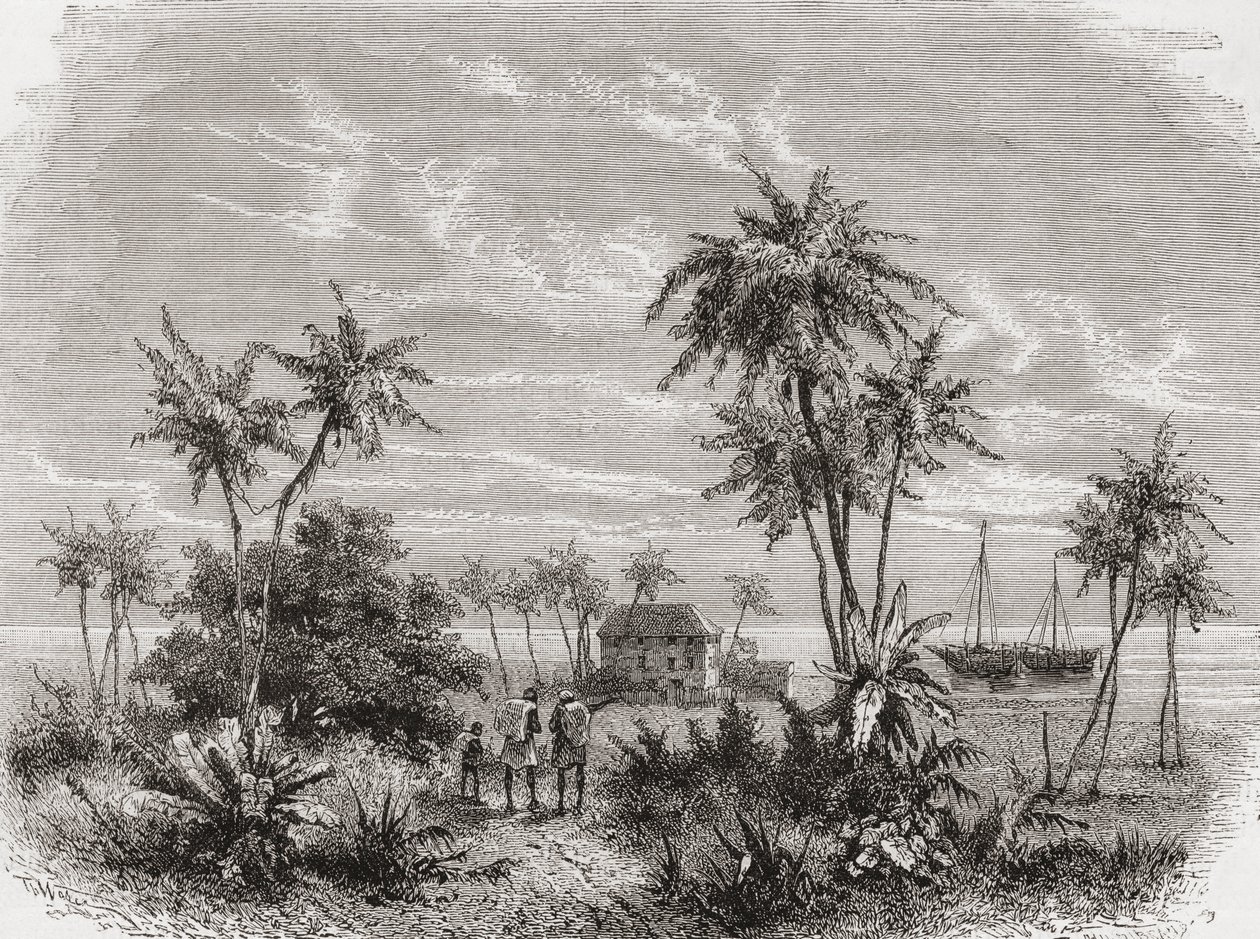 David Livingstone háza Zanzibárban, Tunéziában, Kelet-Afrika, illusztráció a „The World in the Hands”-ből, Henri Theophile Hildibrand (1824-97) metszetében, 1878-ban megjelent alkotó: Unbekannt Unbekannt