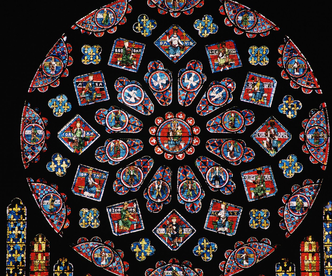 Szűz Mária dicsőítése, Kasztíliai Blanche karjai a rózsa alatt, északi rózsaablak, 1223 körül alkotó: Unbekannt Unbekannt