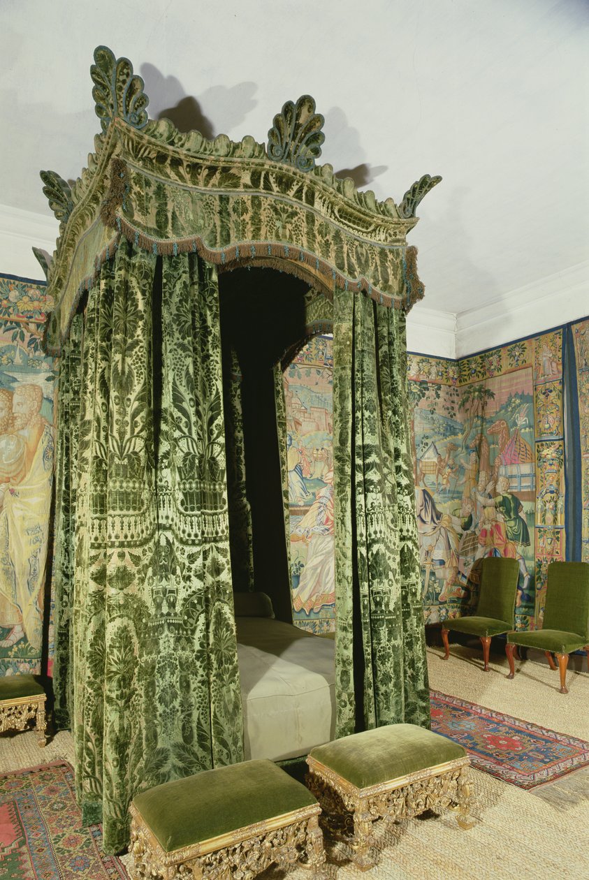 Hardwick Hall belseje, Derbyshire, a Green Bed-Chamber bemutatásával eredeti 16. századi bútorokkal és függönyökkel (H8044) alkotó: Unbekannt Unbekannt