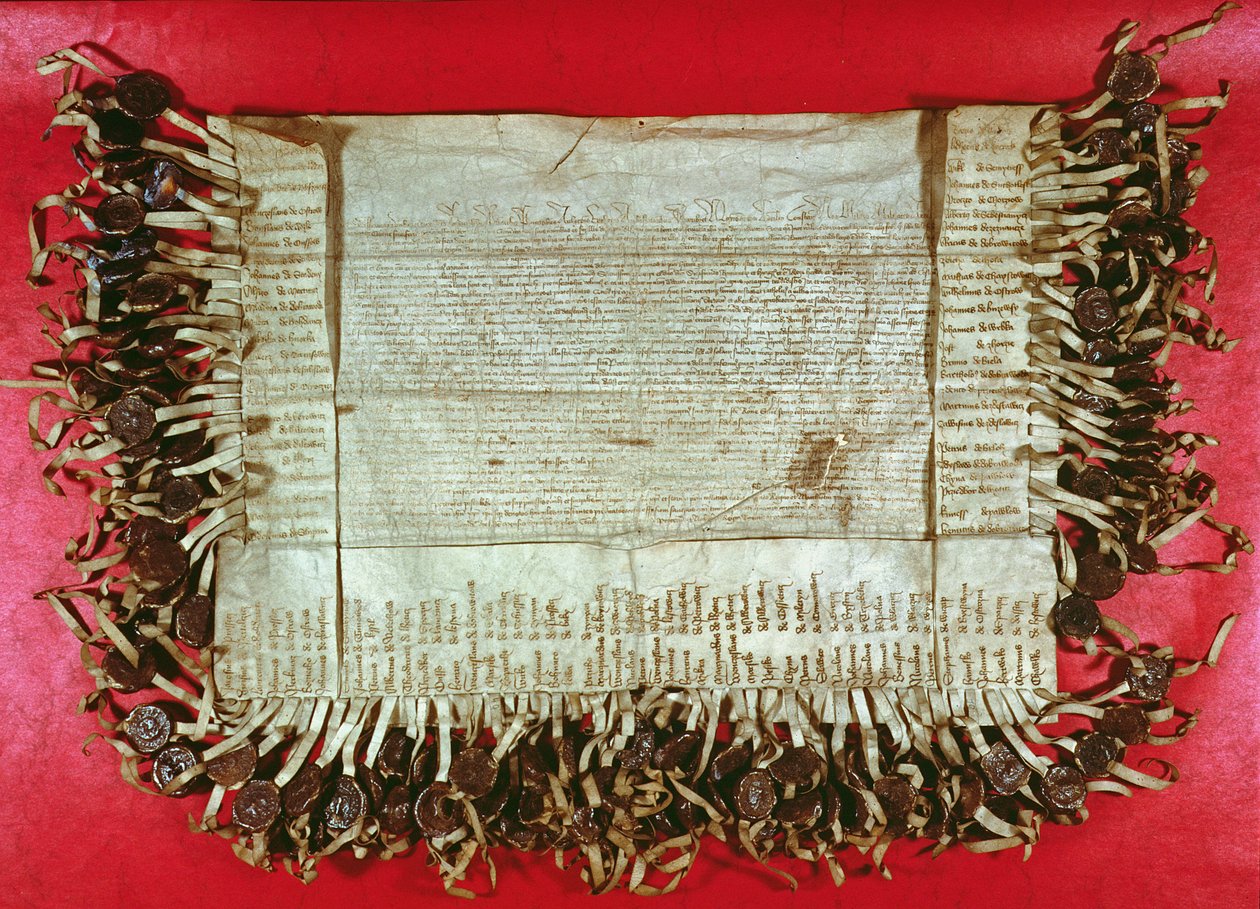 A cseh nemesség középkori tiltakozó levele, amely kifogásolja a konstanzi zsinat Husz Jánossal (kb. 1369-1415), 1415-1416 (tinta pergamen) való bánásmódját alkotó: Unbekannt Unbekannt