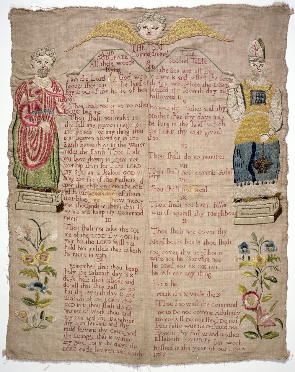 Sampler, a Tízparancsolatot ábrázolva, Elizabeth Coventry, angol, 1727 (színes selyem vászonon) alkotó: Unbekannt Unbekannt